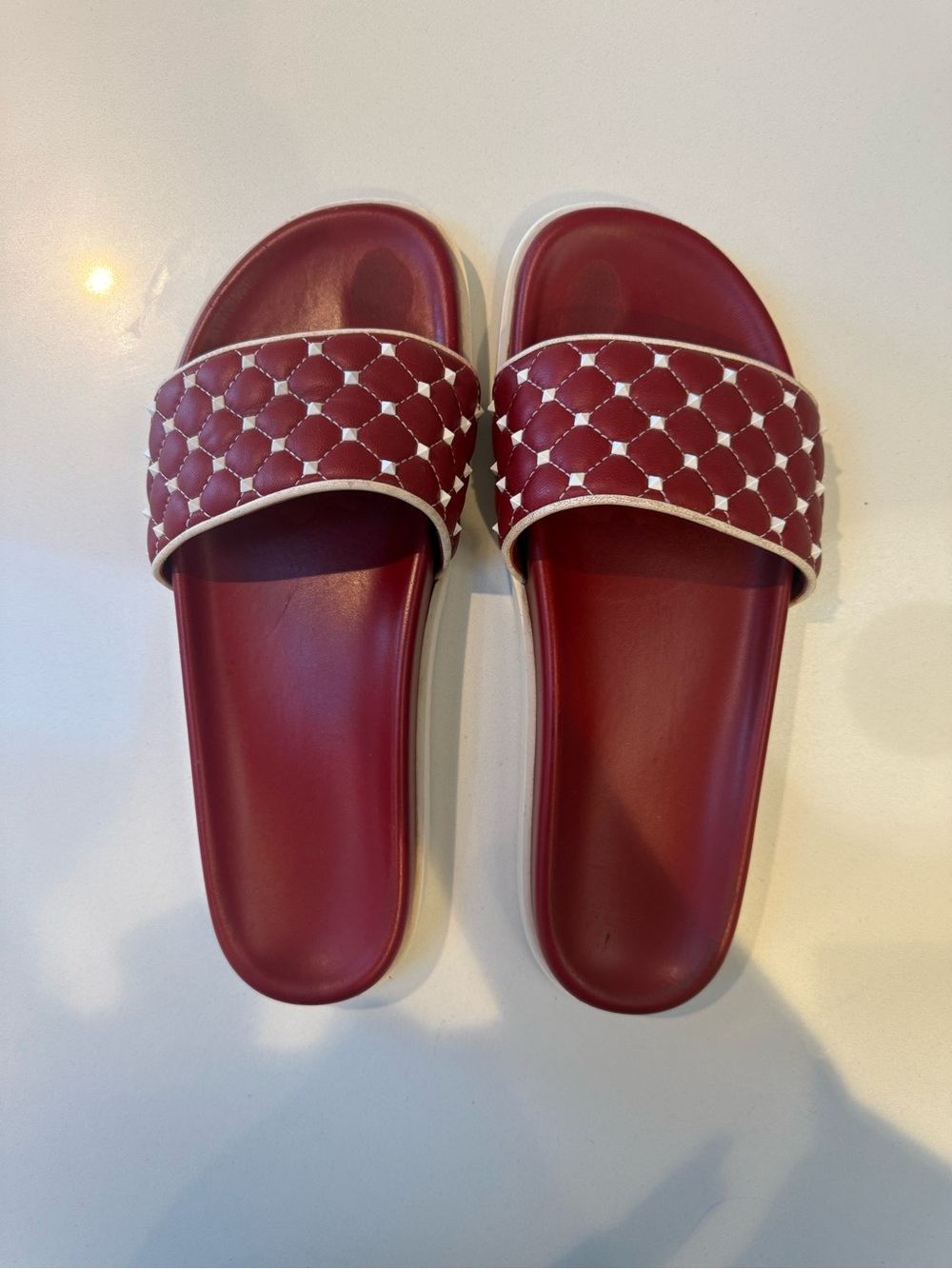 Valentino Red Quilted Slide Sandals with White Trim